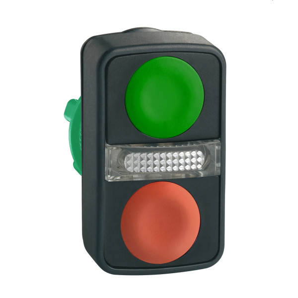 Harmony tête bt-pous double touche Ø22 vert + rouge non marqué IP66, IP69K