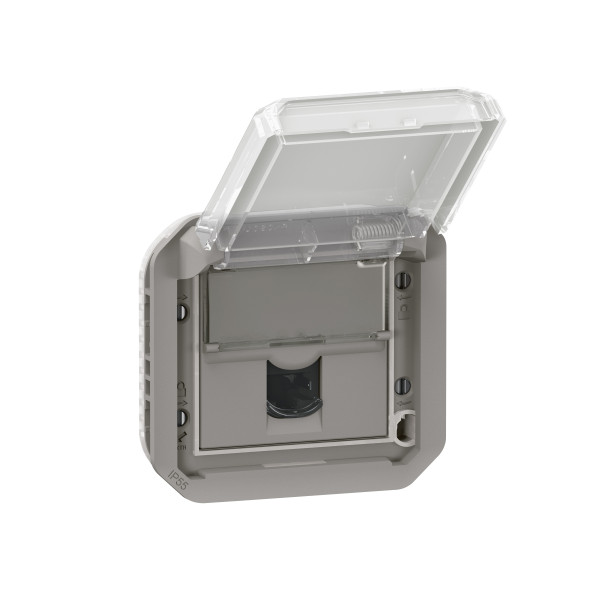 Prise RJ45 Grise Plexo Legrand – Etanche - IP55 - IK08 – avec Enjoliveur – Catégorie 6 A – Blindage STP – avec Volet