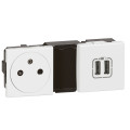 Prise de Courant avec Module de Charge 2 USB Mosaic Legrand Blanc – 2P+T Surface – USB Type A – 2,4 A – 5 V – 2x2 Modules