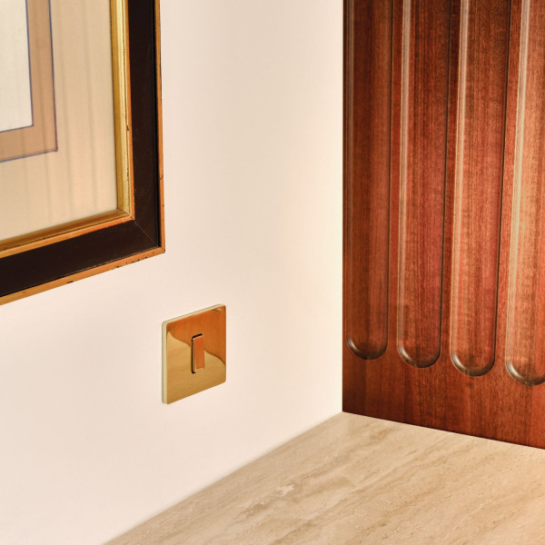 Façade "m" laiton verni double verticale 1 prise 2p+t 2 media magnétique - Modelec - 284542M