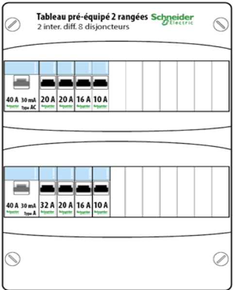 Tableau électrique pré équipé Schneider Resi9 XP 2 rangées 40A 8 disjoncteurs pré-câblé