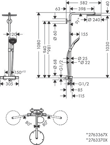 Showerpipe 240 1jet powderrain chromé