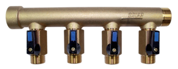Collecteur sanitaire et chauffage type Fc Ø27 - Arrivée M3/4" - 4 Départs M1/2" vannes intégrées - Extrémité F3/4"