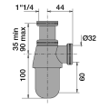 Siphon lavabo laiton chromé, réglable 35/90mm, sortie ø32mm, débit : 46 l/mn