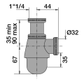 Siphon lavabo laiton chromé, réglable 35/90mm, sortie ø32mm, débit : 42 l/mn