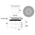 Bonde receveur ø90mm, grille inox ø115mm, sortie horizontale ø40mm