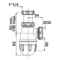 Siphon lavabo plastique, réglable 50/106mm, entrée 1''1/4, sortie ø32mm