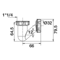 Siphon bidet plastique, v-non réglable, entrée 1"1/4, sortie ø32mm, h. 79mm