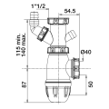 Siphon évier, h. réglable 115 à 140mm, prises machine ou trop-plein