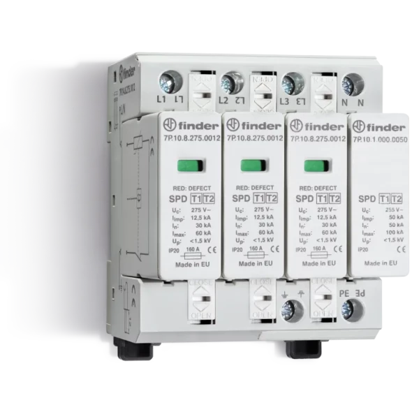 Parafoudre t1 pour syst triphase l-n uc=275 a 350vac/dc iimp=12,5ka up=1,2kv n-pe uc=255v iimp=50ka up=1,5kv 3varistors + 1eclateur extractibles (7P1482751012)