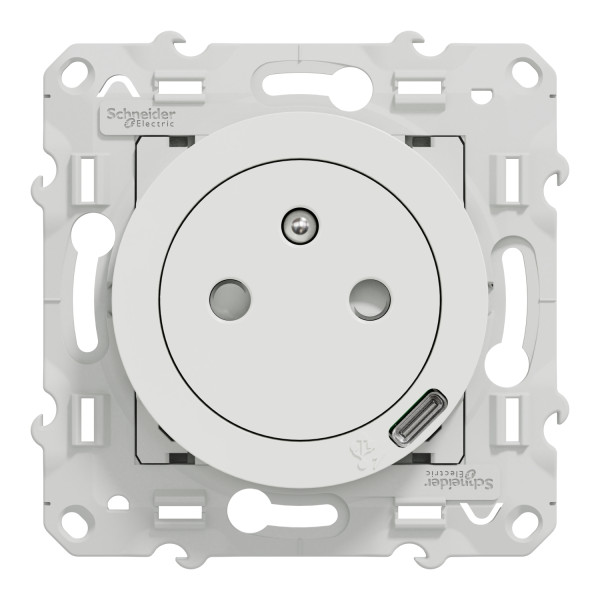 Prise de courant 2P+T affleurante blanc Schneider Odace avec prise chargeur USB TypeC 10,5W