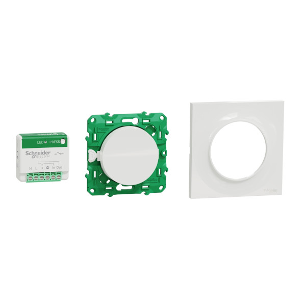 Interrupteur sans fil blanc Schneider Odace SFSP avec un micromodule actionneur et plaque