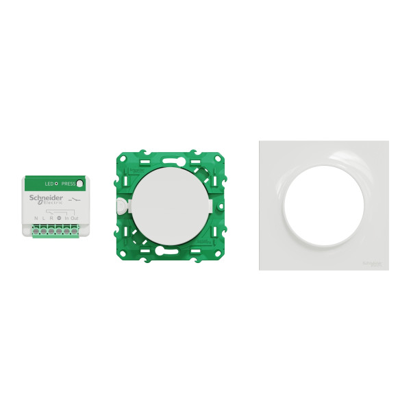 Interrupteur sans fil blanc Schneider Odace SFSP avec un micromodule actionneur et plaque