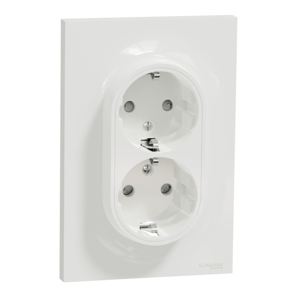 Prise de courant 2P+T double allemande blanc Schneider Odace spécial rénovation fixation à griffes