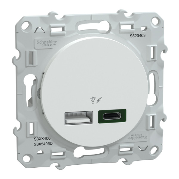 Prise de chargeur USB Schneider Odace type A 7,5W et C 45W Blanc
