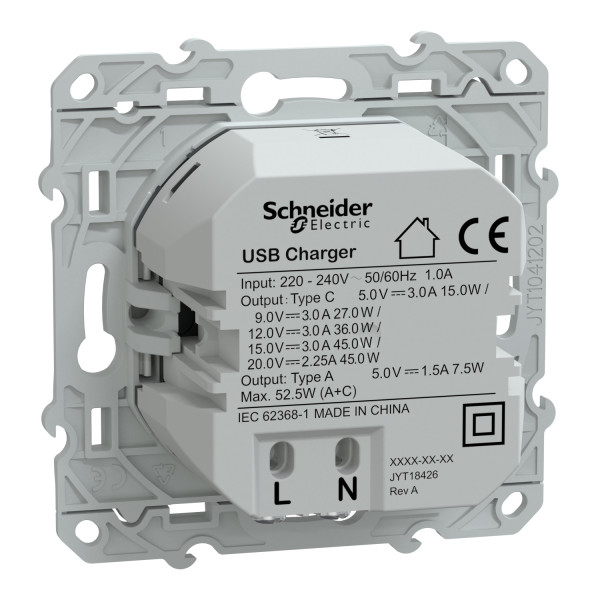 Prise chargeur USB blanc Schneider Odace type A 7,5W et C 45W forte puissance