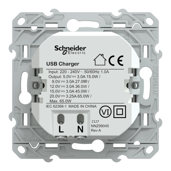 Prise chargeur USB blanc Schneider Odace type C 65W forte puissance