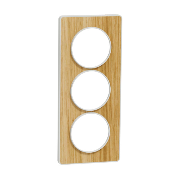 Plaque bois naturel avec liseré blanc Schneider Odace Touch 3 postes verticale 57mm