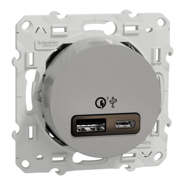 Prise USB double aluminium Schneider Odace charge rapide type A+C 18W 3,4A