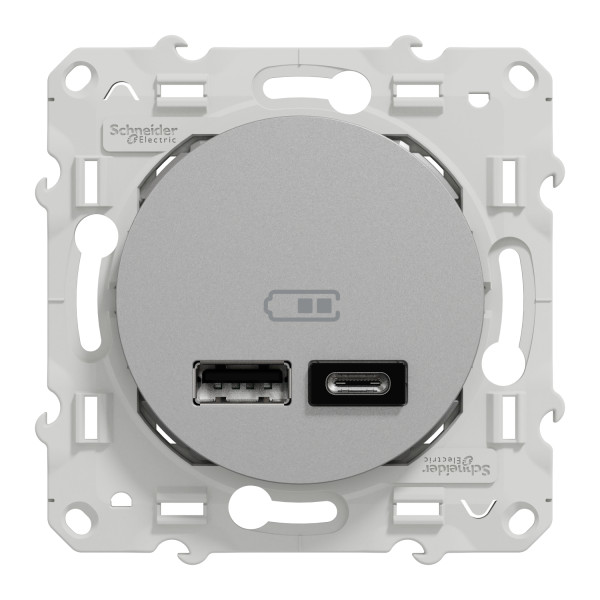 Prise USB double aluminium Schneider Odace type A+C 5Vcc 2,4A