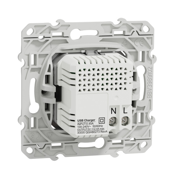 Prise USB double aluminium Schneider Odace type A+C 5Vcc 2,4A