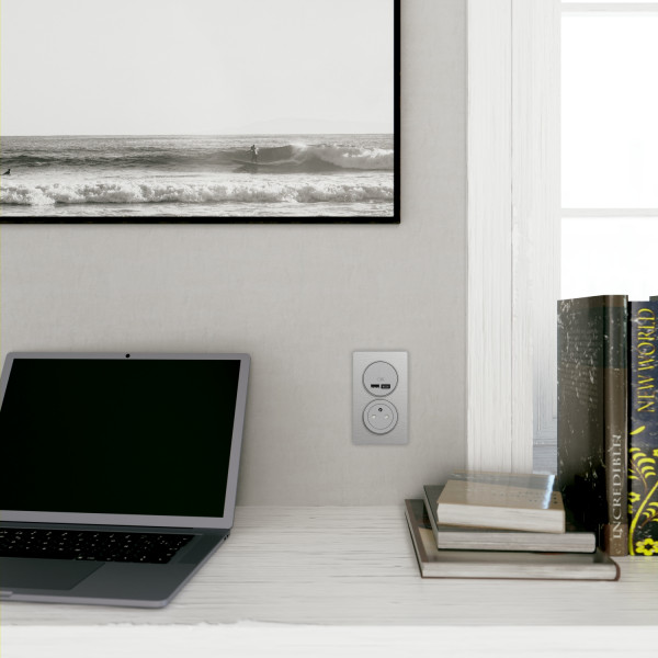 Prise USB double aluminium Schneider Odace type A+C 5Vcc 2,4A