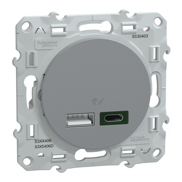 Prise chargeur USB aluminium Schneider Odace type A 7,5W et C 45W forte puissance