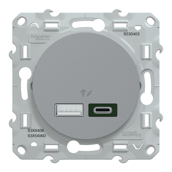 Prise chargeur USB aluminium Schneider Odace type A 7,5W et C 45W forte puissance