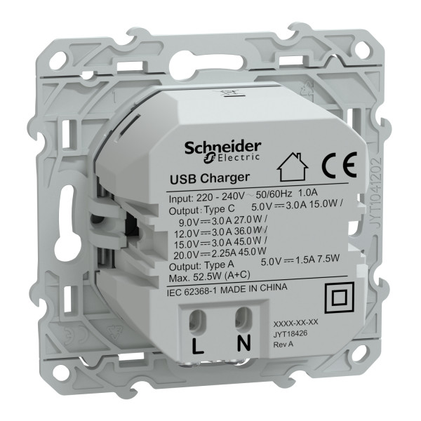Prise chargeur USB aluminium Schneider Odace type A 7,5W et C 45W forte puissance