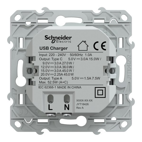 Prise chargeur USB aluminium Schneider Odace type A 7,5W et C 45W forte puissance