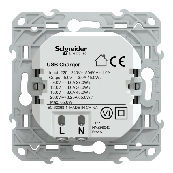 Prise chargeur USB aluminium Schneider Odace type C 65W forte puissance