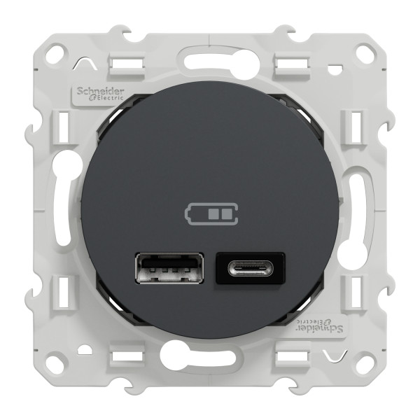 Prise USB double anthracite Schneider Odace type A+C 5Vcc 2,4A