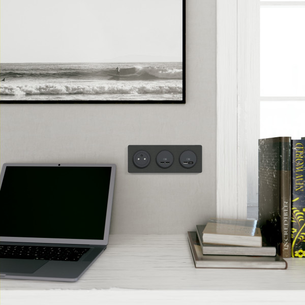 Prise USB double anthracite Schneider Odace type A+C 5Vcc 2,4A