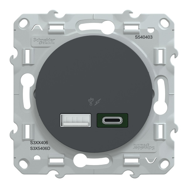 Prise chargeur USB anthracite Schneider Odace type A 7,5W et C 45W forte puissance