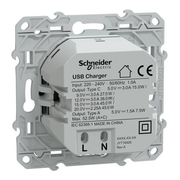 Prise chargeur USB anthracite Schneider Odace type A 7,5W et C 45W forte puissance
