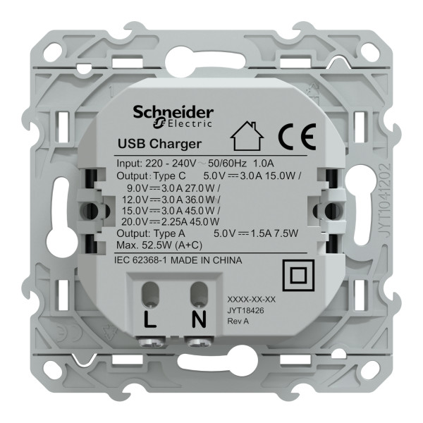 Prise chargeur USB anthracite Schneider Odace type A 7,5W et C 45W forte puissance