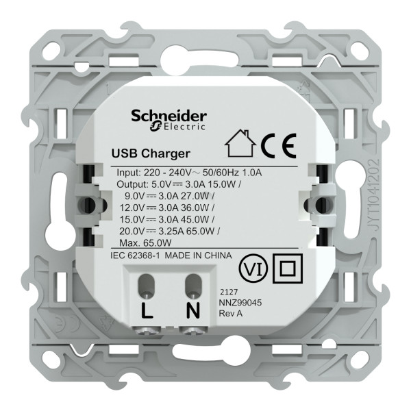 Prise chargeur USB anthracite Schneider Odace type C 65W forte puissance