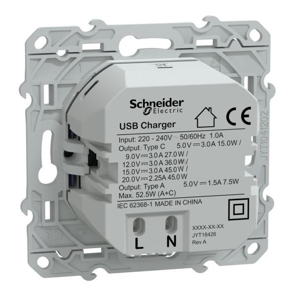 Prise chargeur USB cobalt Schneider Odace type A 7,5W et C 45W forte puissance