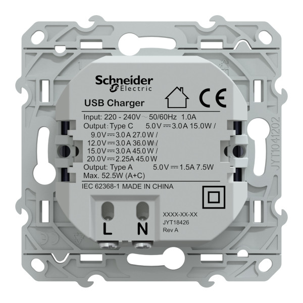 Prise chargeur USB cobalt Schneider Odace type A 7,5W et C 45W forte puissance