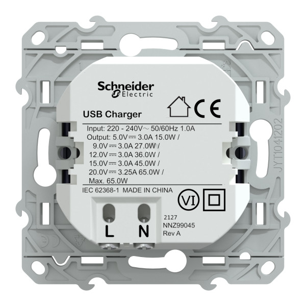 Prise chargeur USB cobalt Schneider Odace type C 65W forte puissance