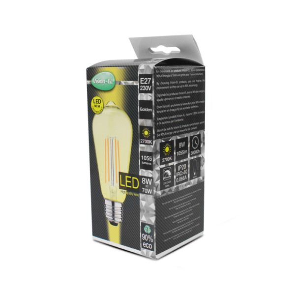 Led fil cob st64 e27 8w 2700k golden boite