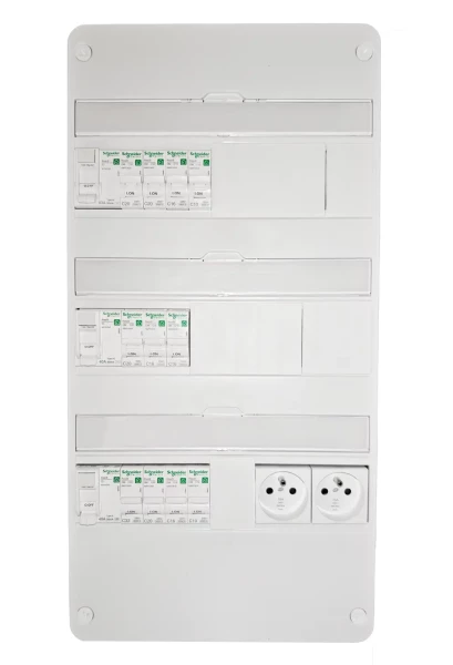 Tableau électrique pré équipé Schneider Resi9 XP 3 rangées 1 ID 63A  2 ID 40A 11 disjoncteurs  + Prise 2P+T, pré-câblé
