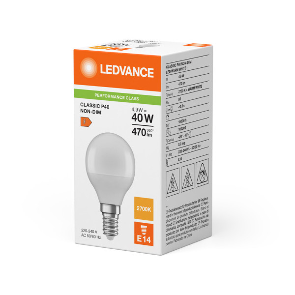 Led classic ledvance performance clp40 plastic 200° e14 4,9w 470lm ra80 2700k