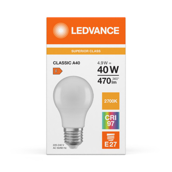 Led classic ledvance superior class cla40 plastic 180° e27 4,9w 470lm ra90 2700k