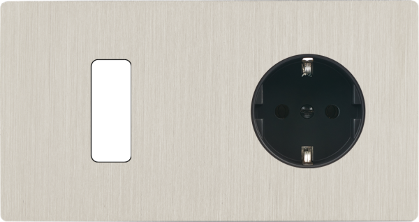 Façade "m" nickel brossé double horizontale 1 bouton 1 prise schuko sans vis