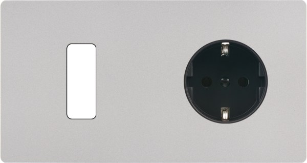 Façade "m" nickel sablé double horizontale 1 bouton 1 prise schuko sans vis