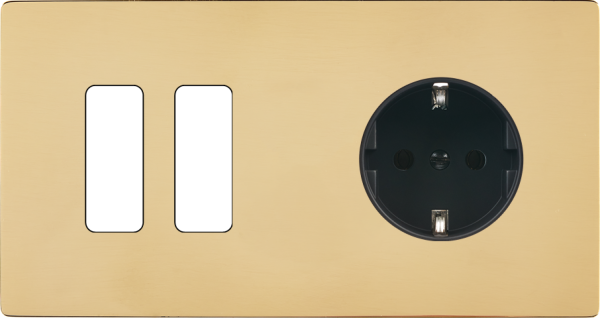 Façade "m" laiton verni double horizontale 2 boutons 1 prise schuko sans vis