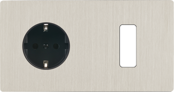 Façade "m" nickel brossé double horizontale 1 prise schuko 1 bouton sans vis