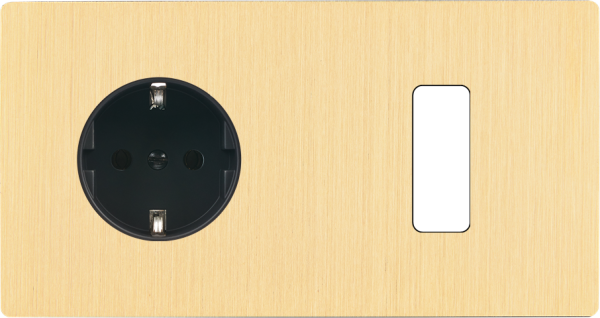 Façade "m" laiton brossé double horizontale 1 prise schuko 1 bouton sans vis