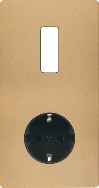 Façade "m" laiton sablé double verticale 1 bouton 1 prise schuko sans vis